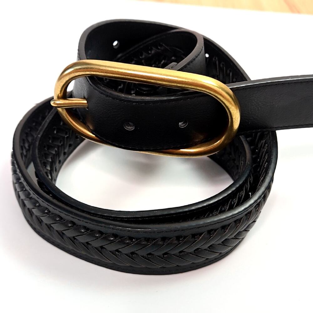 Black Braided Faux Leather Belt Gold Oval Buckle Large XL 39"